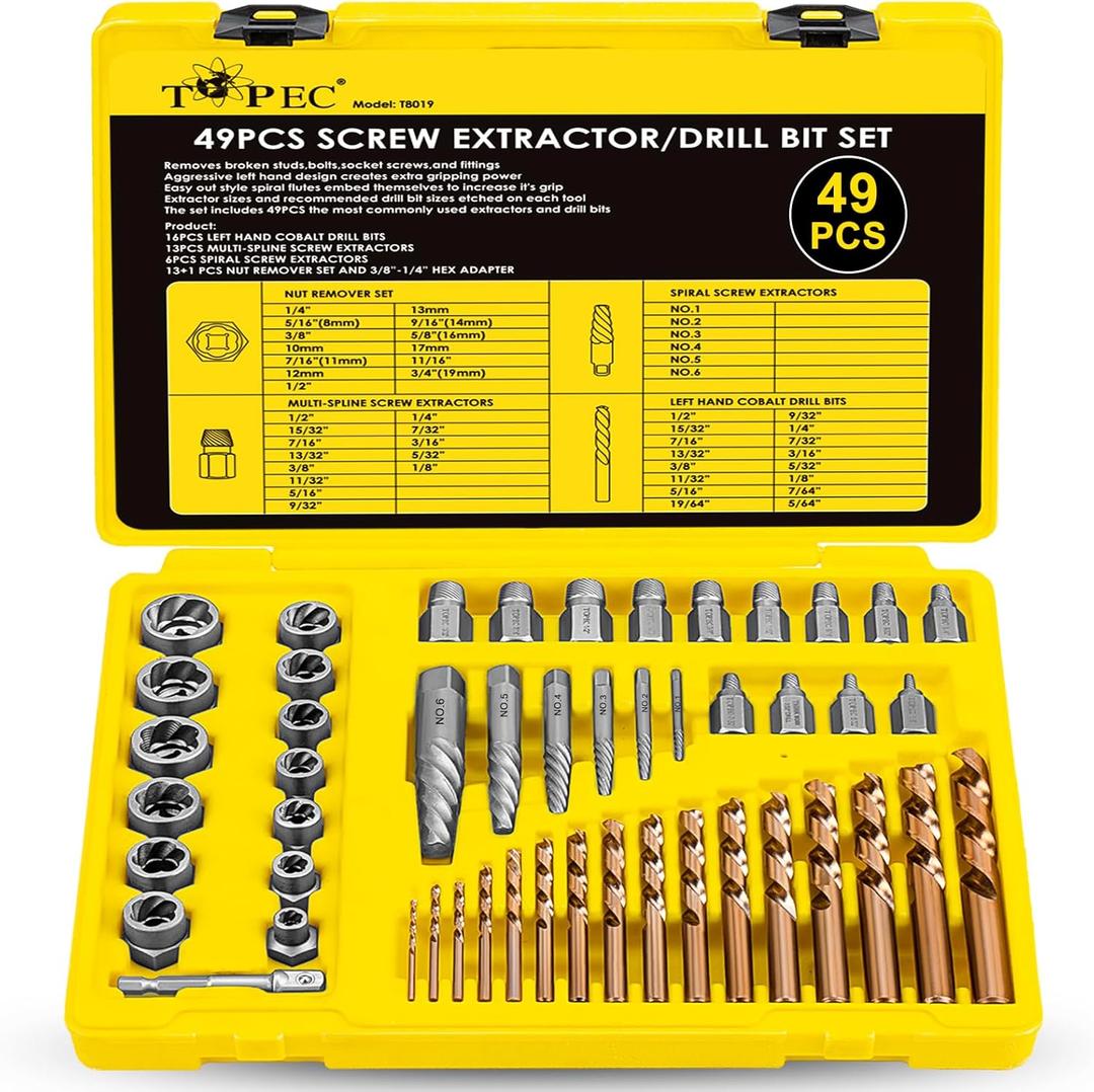 Topec 49pcs Screw Extractor/Drill Bit Set, Professional Remove Set for Removing Broken Studs, Bolts, Socket Screws and Fittings (Silver)