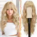 BARSDAR Long Wavy Blonde Wig With Bangs - 26 Inch Long Wavy Beige Blonde Wig with Bangs for Women - Thick Soft Synthetic Hair Replacement Wigs Natural Looking Daily Cosplay Party Halloween