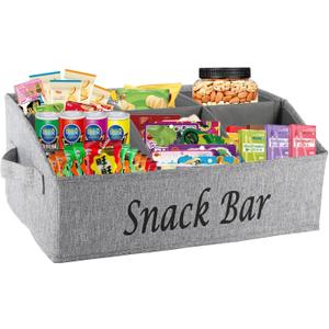 Snack Organizer for Countertop, Fabric Snack Container with Handles, 6 Compartment Snack Box Bin Snack Basket, Snack Bar Station Decor, Kitchen Cabinet Pantry Organizer and Storage (Grey)