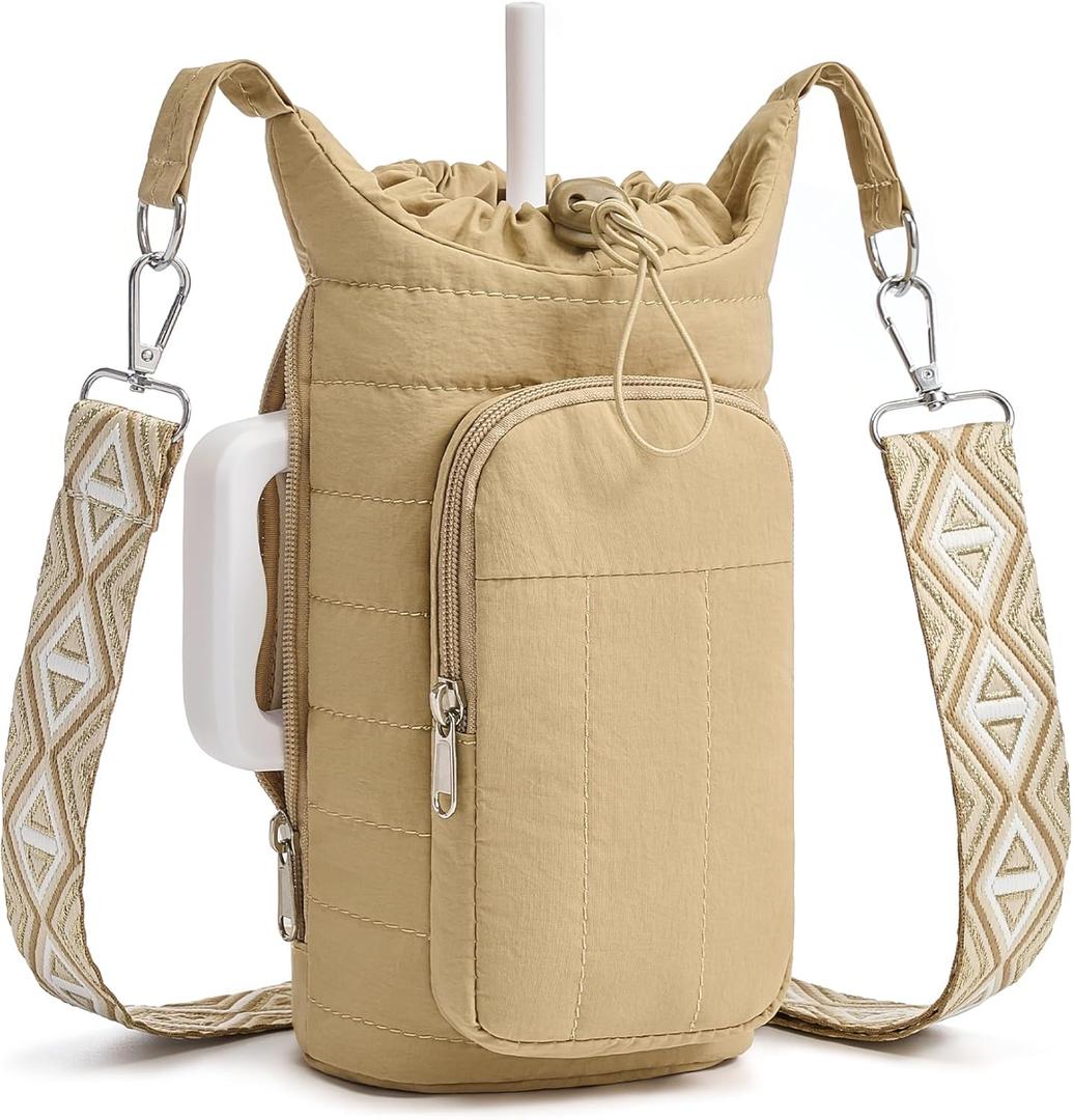 3 pack WOOMADA Water Bottle Holder Bag with Strap, 40/32 oz Crossbody Bag Gym Accessories, Sling Purses for Women(Khaki)