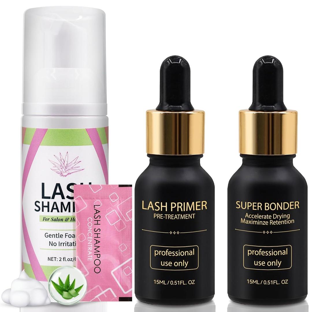 Lash Bonder Primer and Shampoo Kit for Eyelash Extensions, Glue Accelerator Lash Sealant, Pre-treatment Primer Protein Oil Cleanse Remover, Makeup Tools for Professional Use (15ml+15ml+60ml)