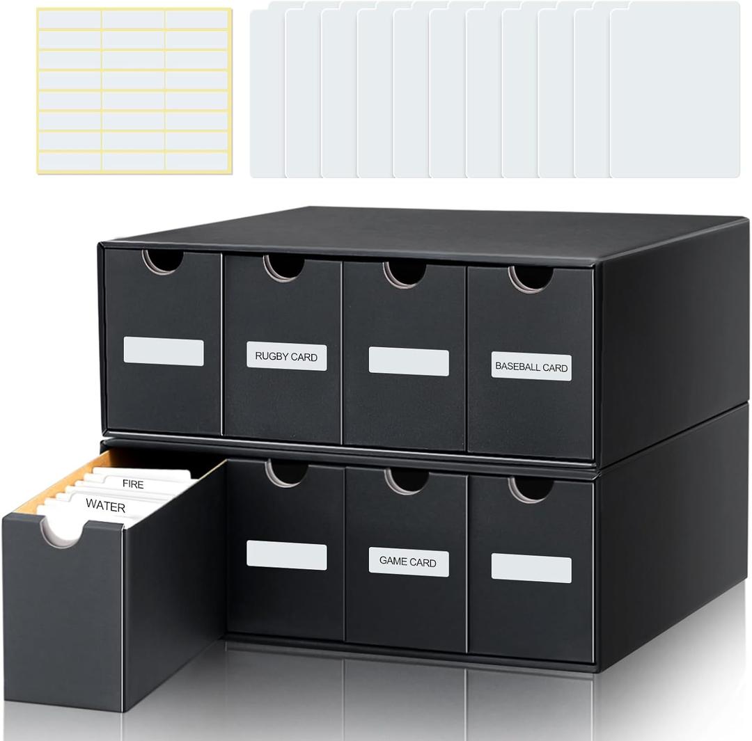 Cholemy 15000+ Trading Card Storage Box with 70 Cardboard Storage Divider Label Sticker for Collection Compatible with TCG Baseball Cards(2 Row, 4 in A Row,Black)