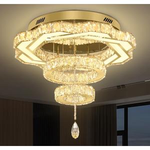 Flashing God Modern Crystal Chandeliers Dia 24" Gold Ceiling Chandelier Flush Mount Crystal Ceiling Light for Bedroom Living Room Dining Room Hallway LED Dimmable