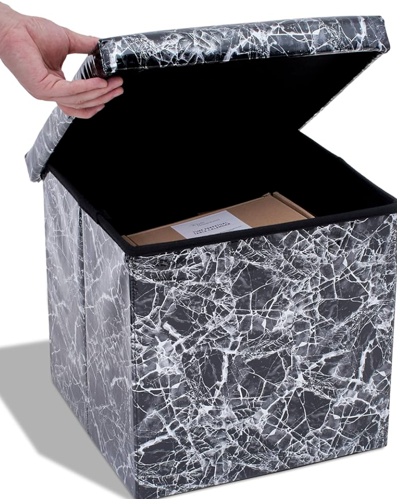 Dawhud Direct Footstool with Storage - Elegant Black Marble Look, 15x15x15 inches - Space-Saving Ottomans with Storage and Extra Seating - Ideal for Clothes, Living Room, Bedroom, Dorm