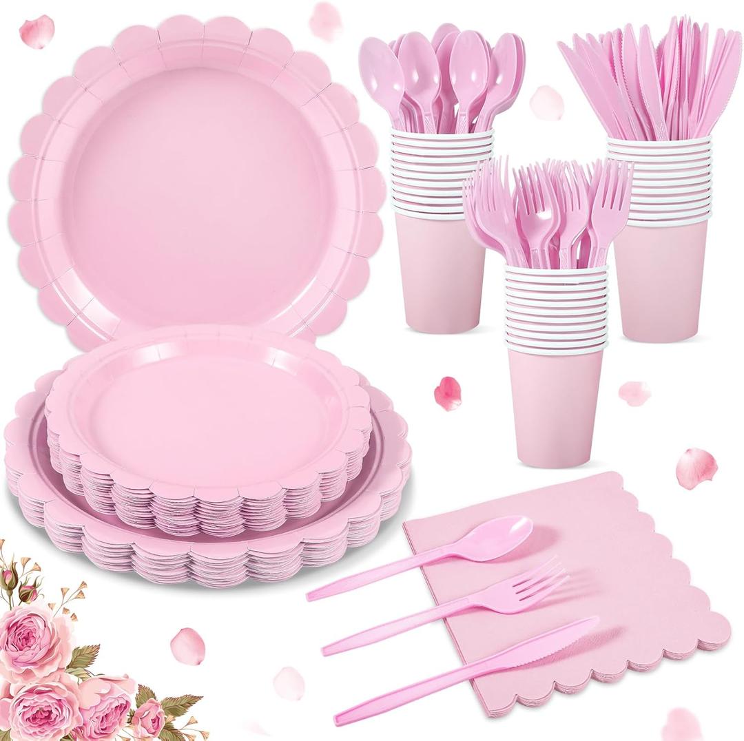 175 Pcs Pink Plates and Napkins, Pink Mothers Day Decorations Include Scalloped Birthday Plate Napkins Cups Plastic Cutlery Disposable Dinnerware for Wedding, Bridal Baby Shower