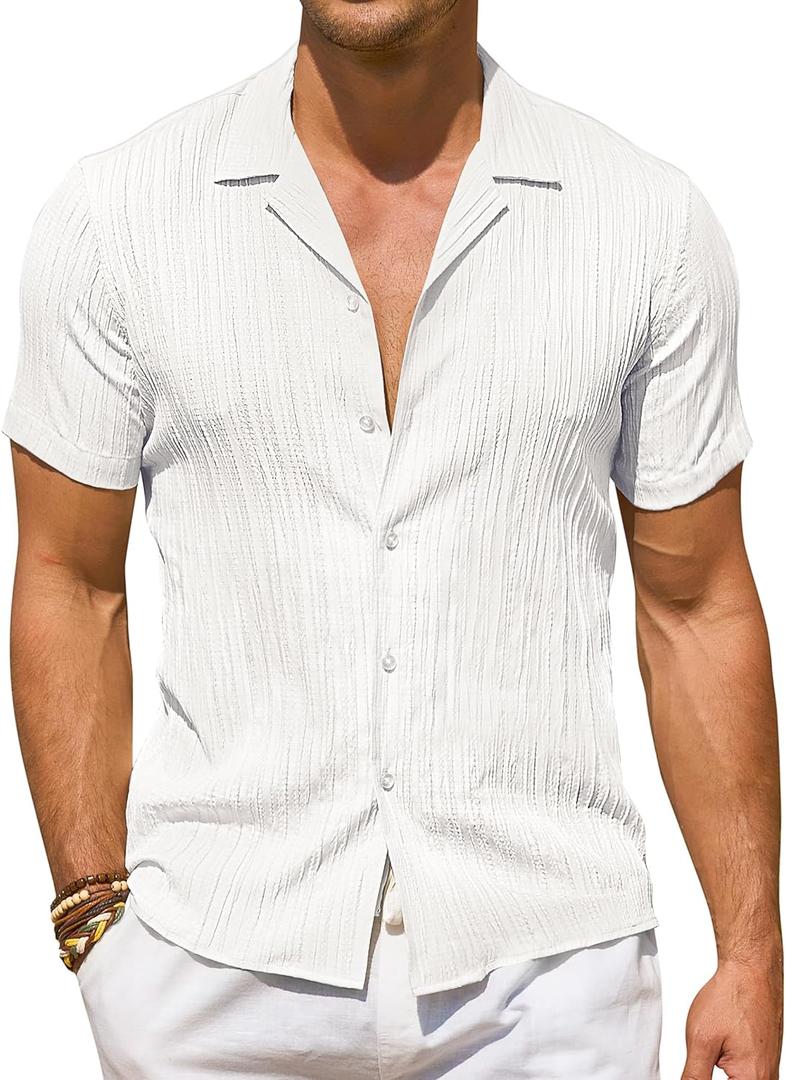 DEMEANOR Mens Short Sleeve Button Down Shirts Textured Linen Shirts for Men Casual Button Up Summer Beach Shirt Vacation (Small, All White)