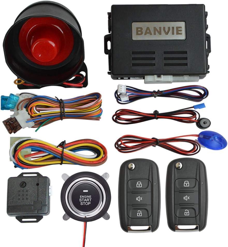 BANVIE Car Alarm System with Remote Start kit & Push to Engine Start Stop Button (2.with siren)