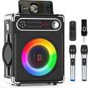 Bluetooth Speaker with Two Wireless Microphones, Outdoor Speaker with Subwoofer/Tweeter, Portable PA Speaker System with Remote Control, Discol Lights, FM, REC for Home, Party (Black)
