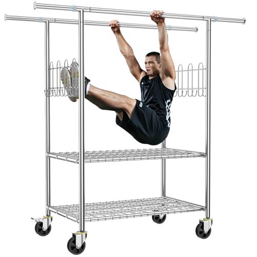 FYBEE 100% Stainless Steel Heavy Duty Clothes Rack, Load 960LBS, Double Rod, Extendable Rolling Garment Rack with Shelves, Modern Style, Recommended for Clothes & Accessories