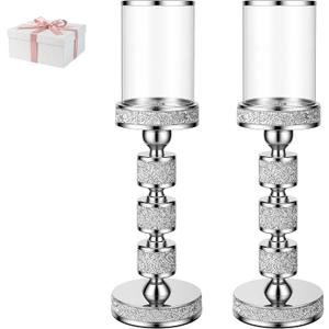 Hurricane Candle Holder, 15.9" Tall Metal Candle Stand, Glass Pillar Candle Holders, Crystal Silver Decorative Centerpieces for Table, Wedding and Dining Room (Fits Candles up to 3"x5", 2pcs, L)