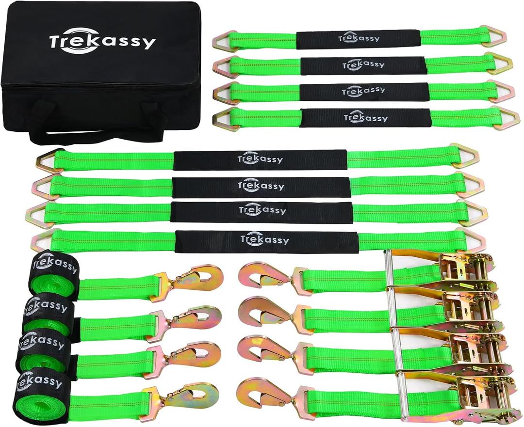 Trekassy Car Tie Down Straps for Trailers with Snap Hooks, Ratchet Straps for Car, Truck, UTV & More, 10000 lb Break Strength, Includes (8) Axle Straps (Green)