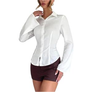 GORGLITTER Women's Fitted Button Up Shirt Cinched Waist Bell Sleeve Blouses Dressy Collar Neck Business Casual Outfits, Large