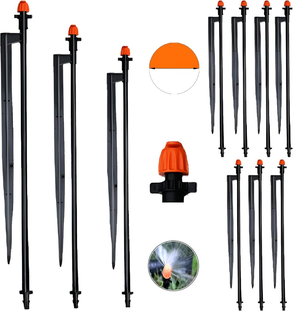 180 Irrigation Sprinkler Heads with 12 Inch Stakes,Drip Irrigation Spray Emitters for 1/4" Drip Irrigation Tubing,with Hose for Garden Irrigation System (Black orange-10Pcs)