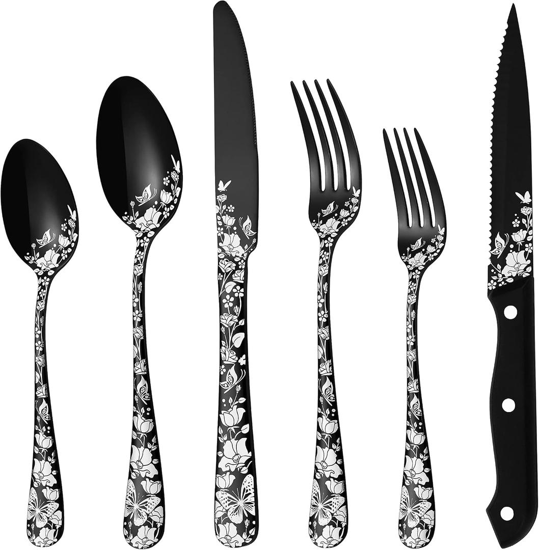 Stapava 24-Piece Black Silverware Set With Steak Knives for 4, Unique Stainless Steel Flatware Cutlery, Include Fork Spoon Knife, Mirror Polished, Dishwasher Safe Utensils
