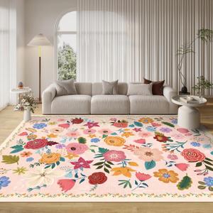Washable Boho Area Rug 8'10' Light Pink White Large Living Room Rug Floral Non-Slip Soft Oriental Vintage Color Bedroom Carpet Dining Room Nursery Home Office Indoor Decor