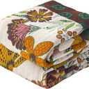 Boho Throw Blanket for Bed, 100% Cotton Muslin Soft Twin Throw-Floral Farmhouse Rustic Decor Blanket for Couch Sofa Quilt and Gift, 60" x 80"-BeigeWhite (Flower-jungle)