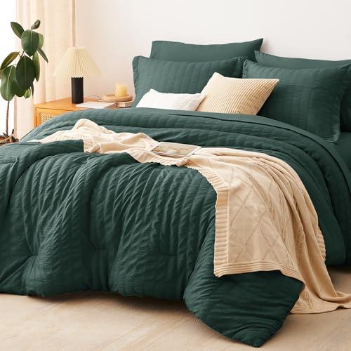 CozyLux Full Size Comforter Sets with Sheets 7 Pieces, Forest Green Seersucker Bed in a Bag Textured Luxury Soft Bedding Set with Down Alternative Comforter, Sheets, Pillowcases & Shams for All Season