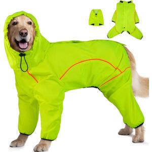 Dog Raincoat, Waterproof Dog Rain Jacket with Removable HoodAdjustable 4 Legs Pet Poncho with Leash HoleReflective Stripe Hooded Snowproof Windproof Clothes for Small to 3X-Large Dogs, 2XL