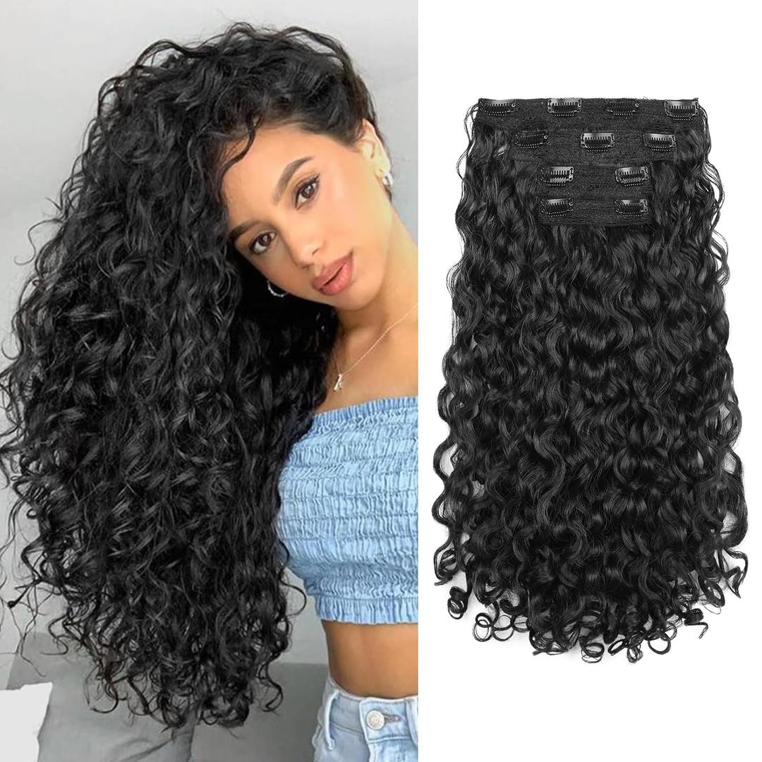 REECHO Curly Hair Extensions - 4PCS 18" GoGo Curly Clip in Hair Extensions 100% Super Protein Hairpieces with Invisible Lace Weft Silky Soft Natural Look for Women - Natural Black