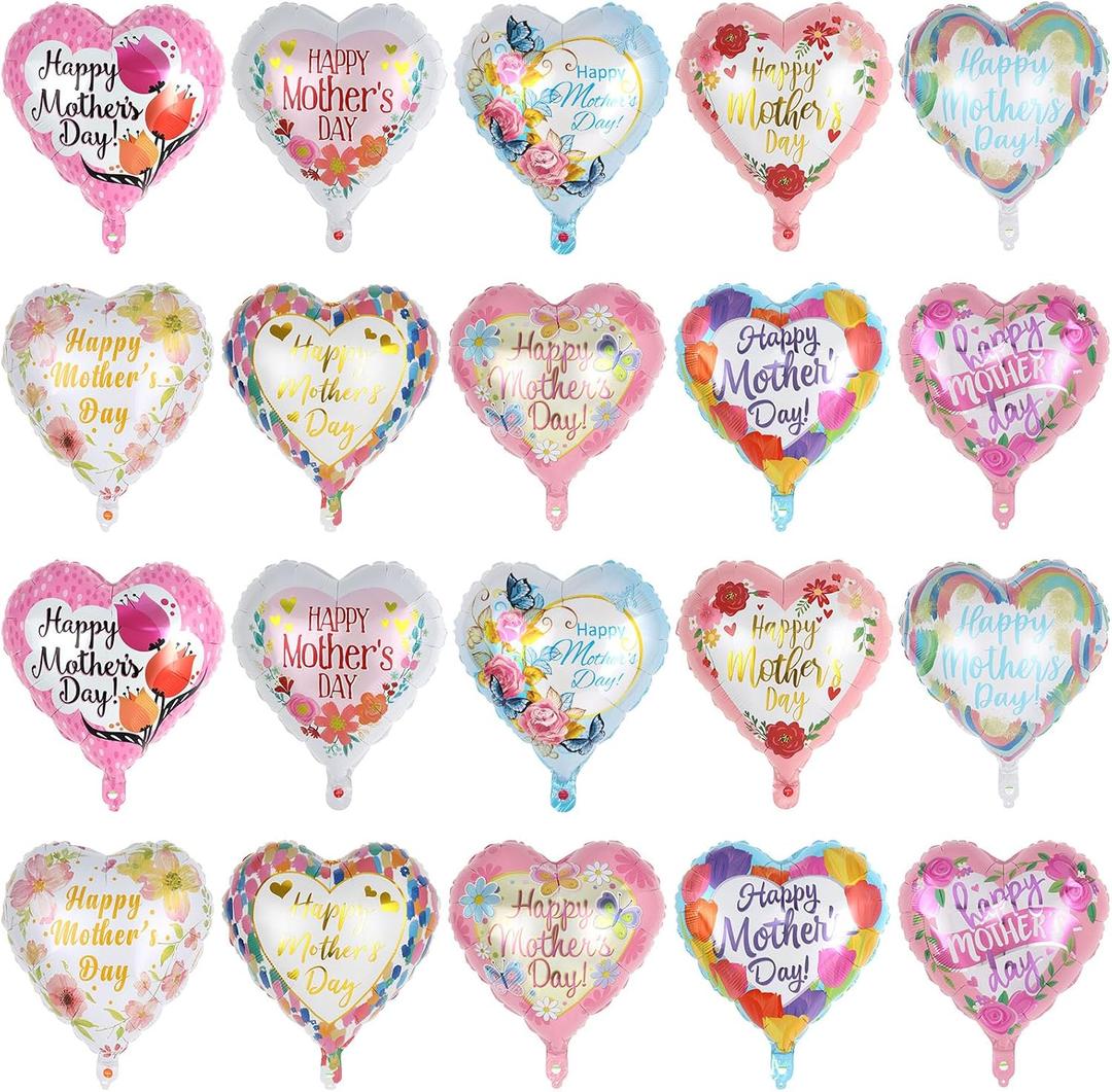20 Pcs Happy Mother's Day Balloons, Mother's Day Foil Mylar Balloons, 18 Inch Heart Shaped Helium Balloons for Mothers Day Party Decorations