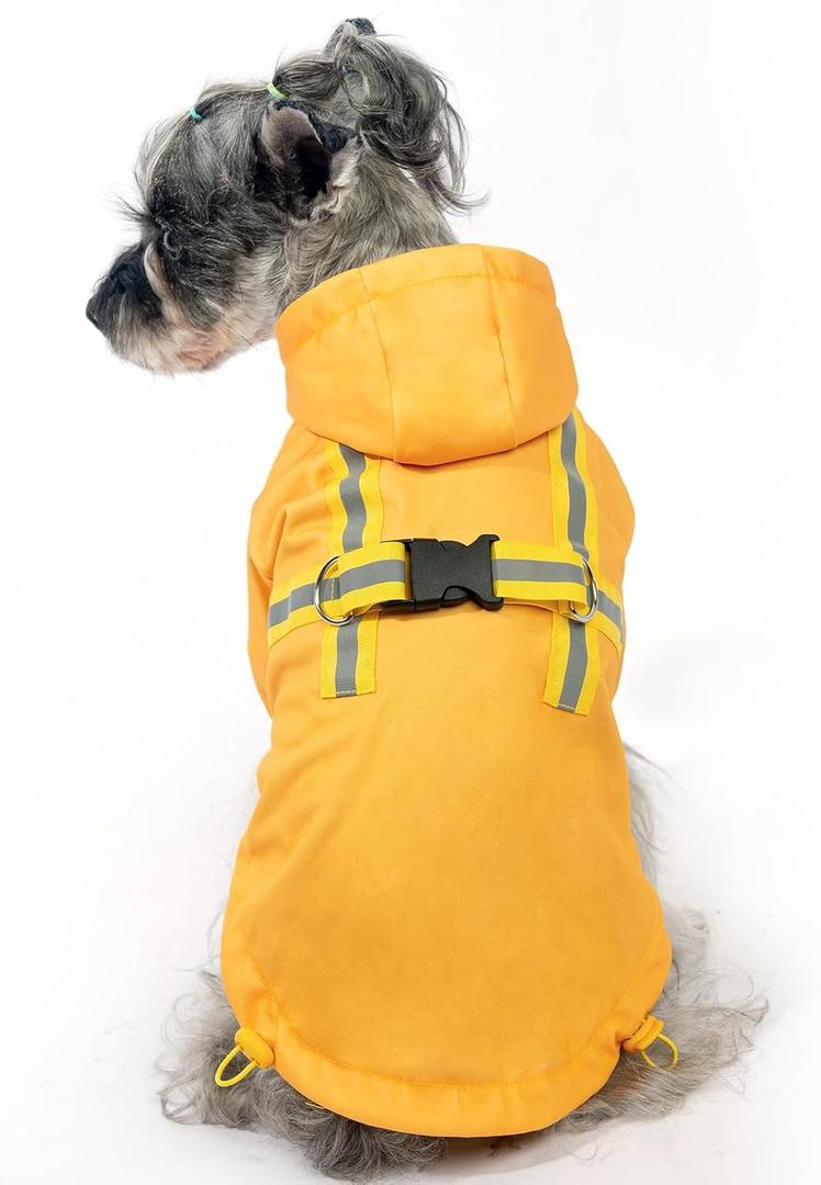 PUPTECK Dog Raincoat with Hood & Harness Built-in, Waterproof Dog Rain Jacket Slicker Poncho Reflective Vest Clothes for Rainy Snowy Winter Cold Days, Yellow M (M (Back 15", Chest 22.5", Neck 16"))