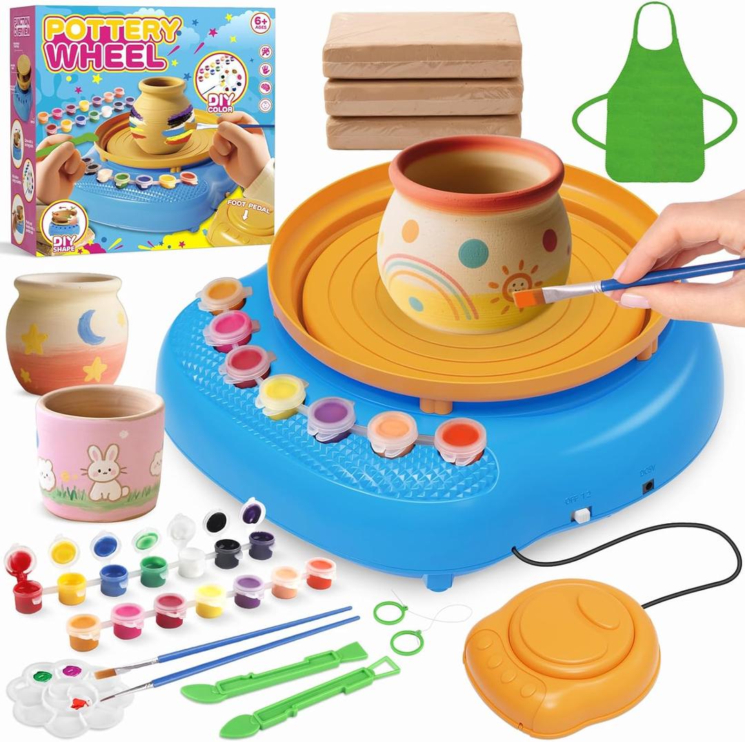 TingingYuli Pottery Wheel for Kids with Clay Kit - Arts and Crafts for Kids Ages 6-8 8-12, Complete Pottery Kit with Air Dry Clay and Painting Tools, Easter Christmas Birthday Gift for Boys Girls (yellow/blue)