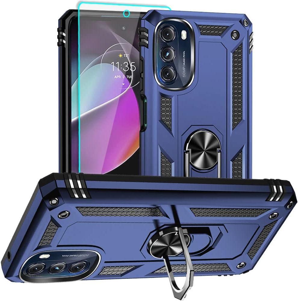 UeFor Motorola Moto G 5G 2022 Case with 2 Pcs Tempered Glass Screen Protector, Military-Grade Armor Shockproof Protective Phone Cover with Ring Magnetic Kickstand for Moto G 5G, Blue