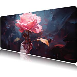 Floral Mouse Pad, Desk Pad Mat, Gaming Pad, Desk Mat for Keyboard and Mouse, Medium Mouse Pad, Big Mousepad with Stitched Edge Non-Slip Rubber Base for Office School Home (27.5X11.8 in) (Pink&Flower)