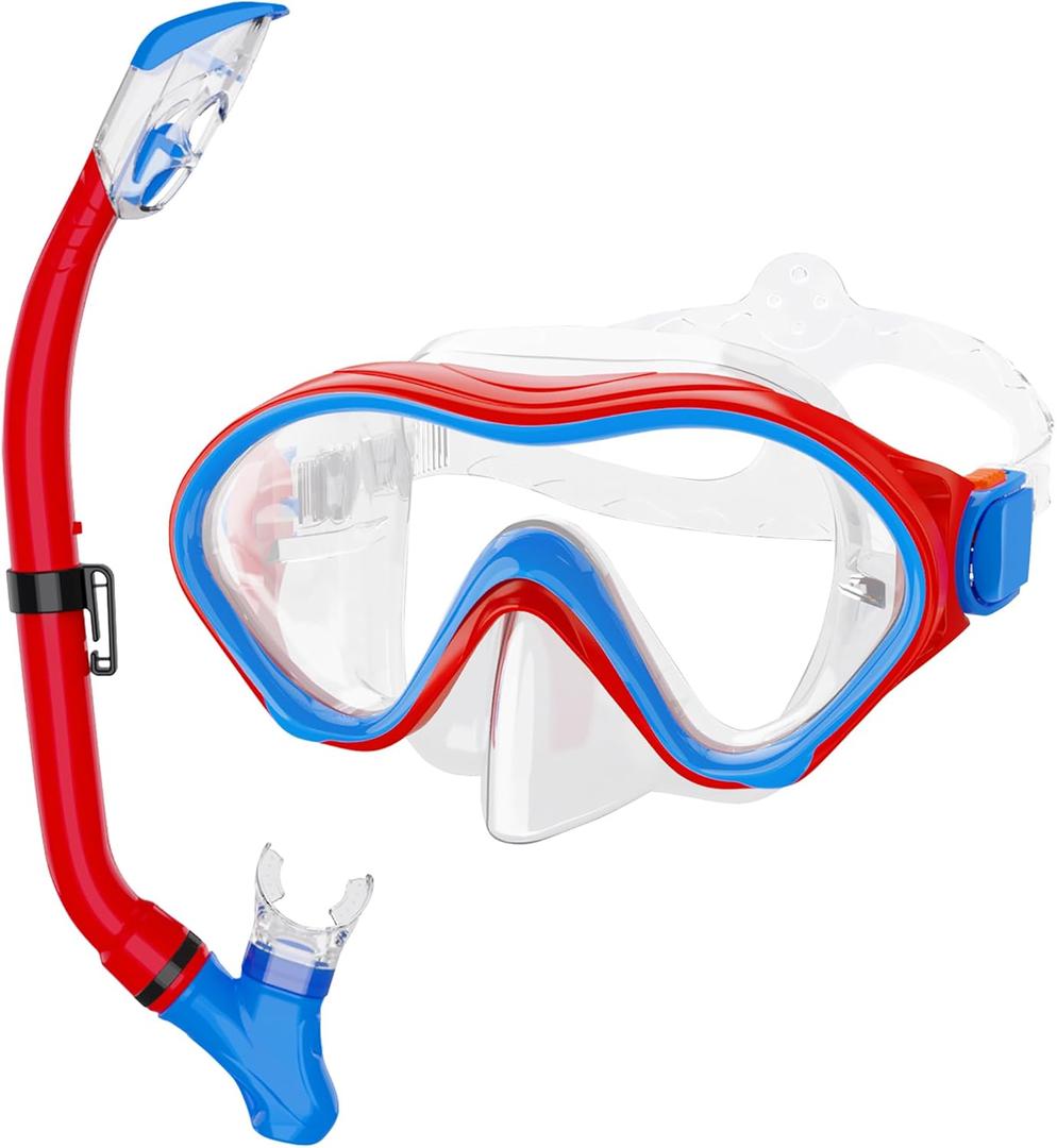 Snorkeling Gear for Kids with Foldable Silicone Full Dry Snorkel, Kids Snorkel Set Anti Leak Youth Junior Snorkeling Package Diving Mask Soft Tube with Mesh Bag Scuba Swimming Goggles (Red+Blue)