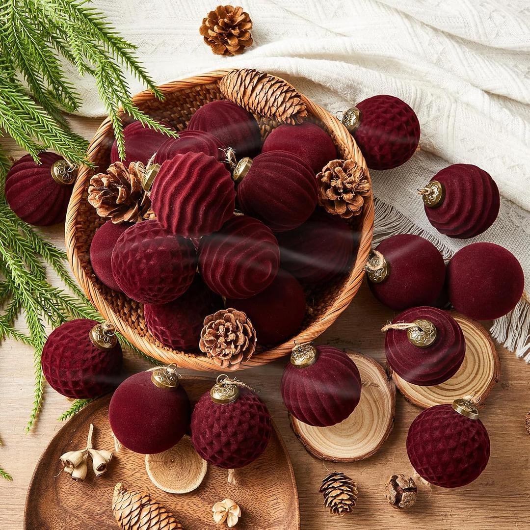 24 Pcs Light Scented Velvet Christmas Balls Bulk Winter Fir Scent Flocked Christmas Tree Ball Ornaments Hanging Baubles for Xmas Holiday Home Gift Yard Decor (Burgundy 2.36 Inch)