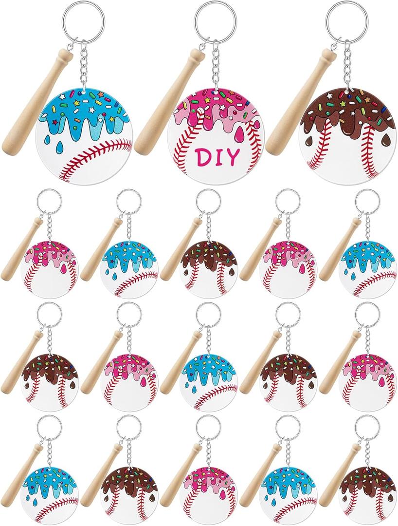 Taiyin 18 Sets Baseball Softball Acrylic Keychain Bulk DIY Ball Bag Tag Sports Party Favors Mini Ball Charms for Team Gifts(Ice Cream Dripping,Baseball)