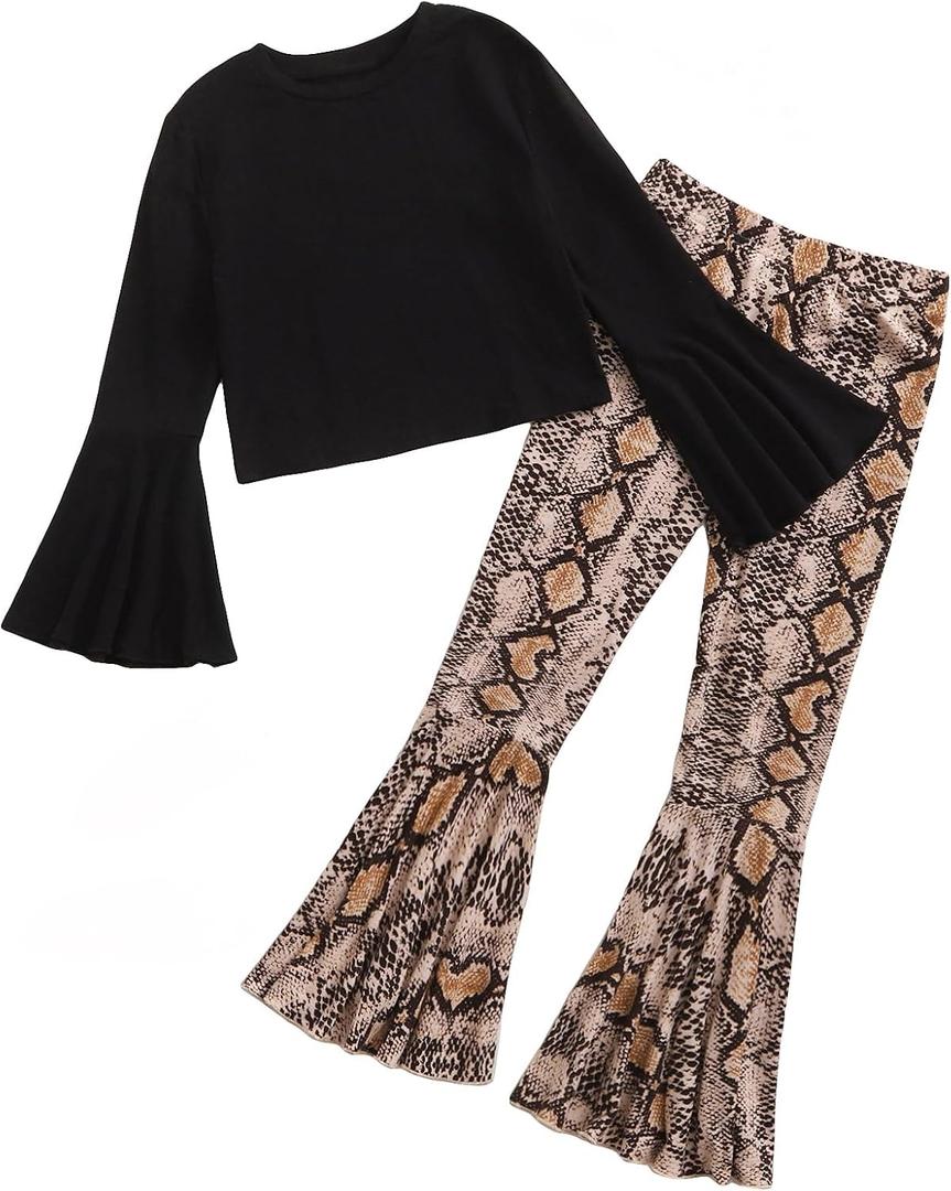 WDIRARA Girl's 2 Piece Flounce Sleeve Top and Leopard Print Bell Leg Bottom Pants Set