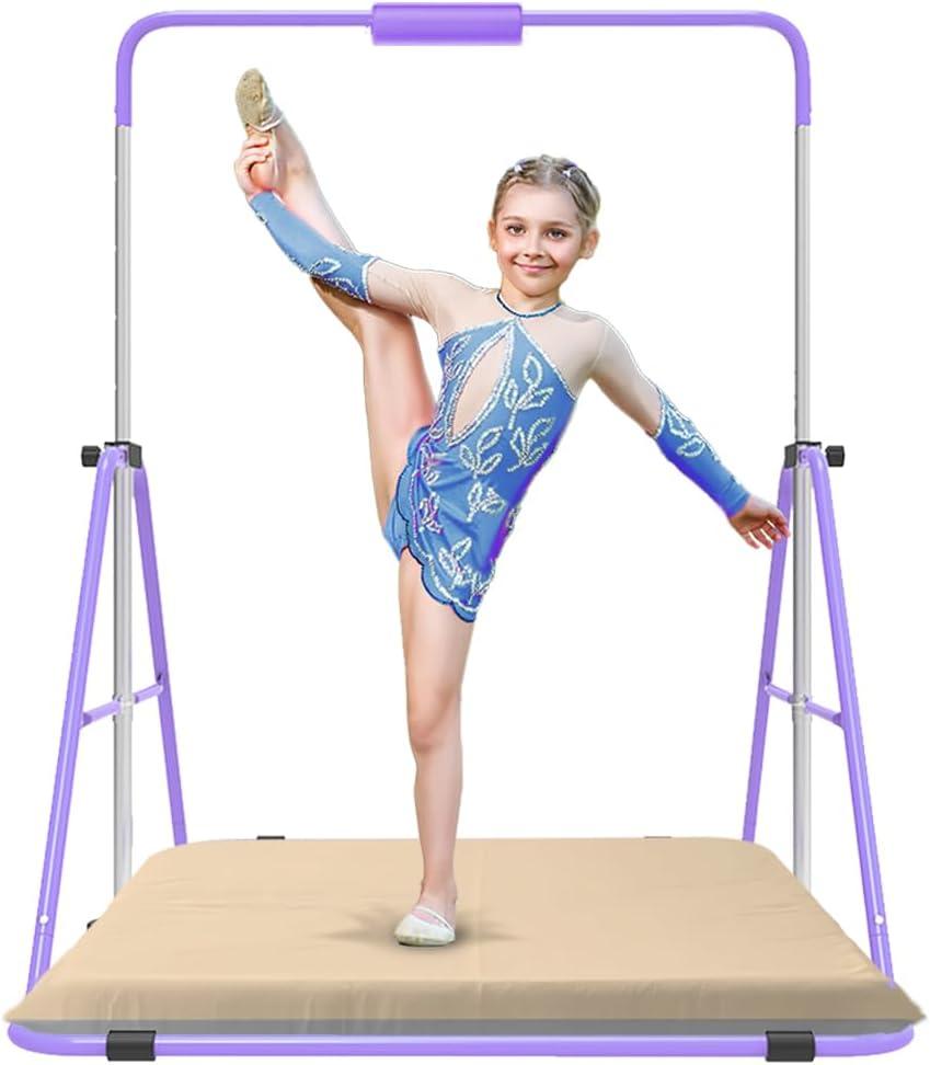 Gymnastics Bar with Self-Inflating Mat for Kids, Adjustable Height Gymnastic Horizontal Bars with Mat, Folding Gymnastic Training Monkey Bars, Junior Expandable Training Kip Bar for Home
