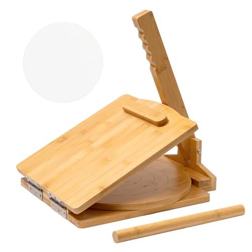 2025 Upgraded Wooden Tortilla Press 10 Inches Rotatable 10" Wood Tortilla Press Maker, with Rolling Pin & 50 Pcs Parchment Paper, for Homemade Tortillera, Roti, Chapati, Taco, Pataconera, Burritos