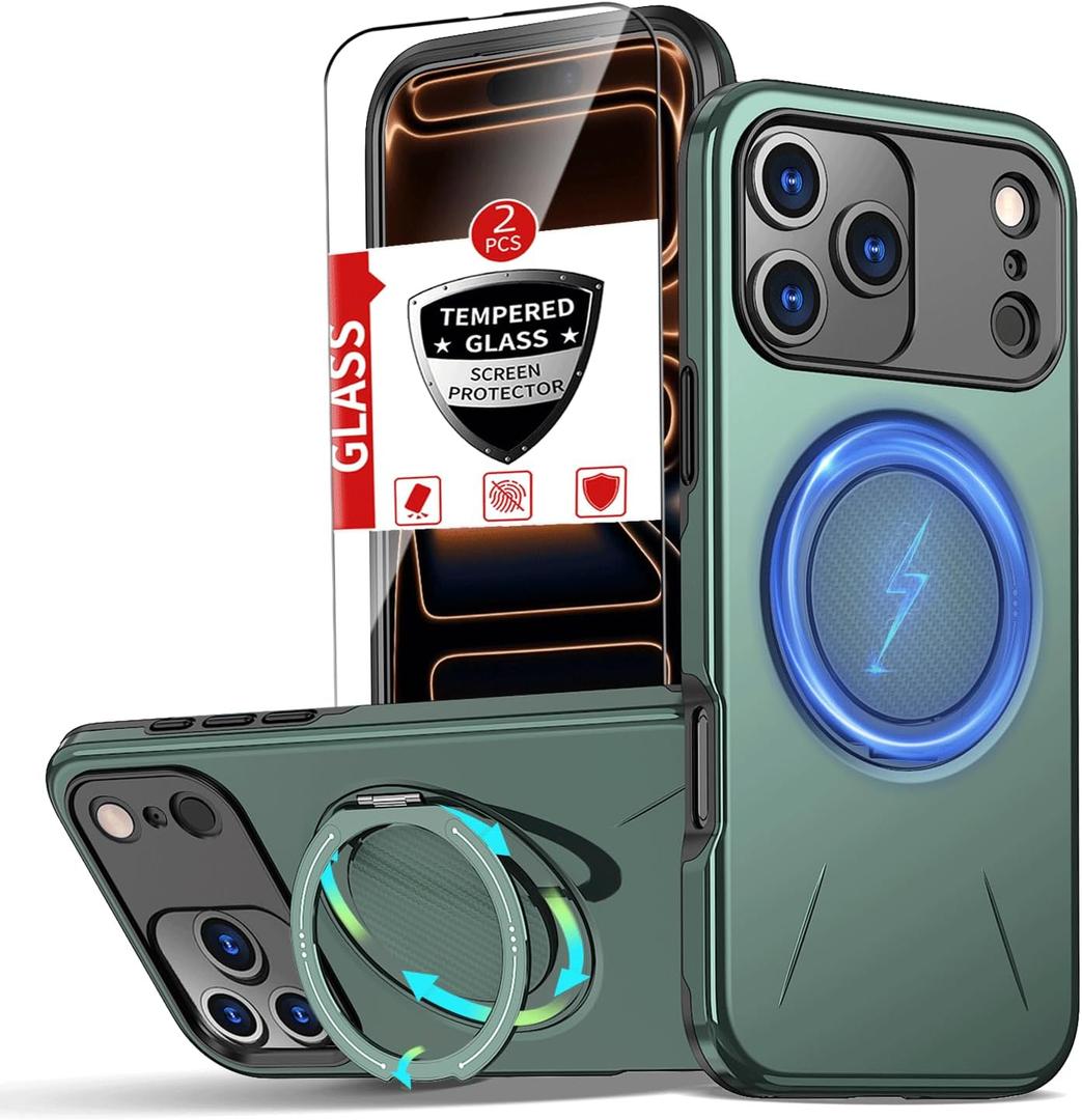 for iPhone 17 Pro Max Case with 360Rotatable Invisible Magnetic Kickstand Ring[Compatible with MagSafe] [2*Screen Protectors] for iPhone 17 Pro Max Phone Case Military-Grade Shockproof Green
