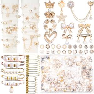 DoDoBeads 60 Pcs Junk Socks Charms Kit, Gold Brooches and Pins for Women, Pearl and Rhinestone Sock Charms with Safety Pins, DIY Accessories for Decorating and Personalizing Socks
