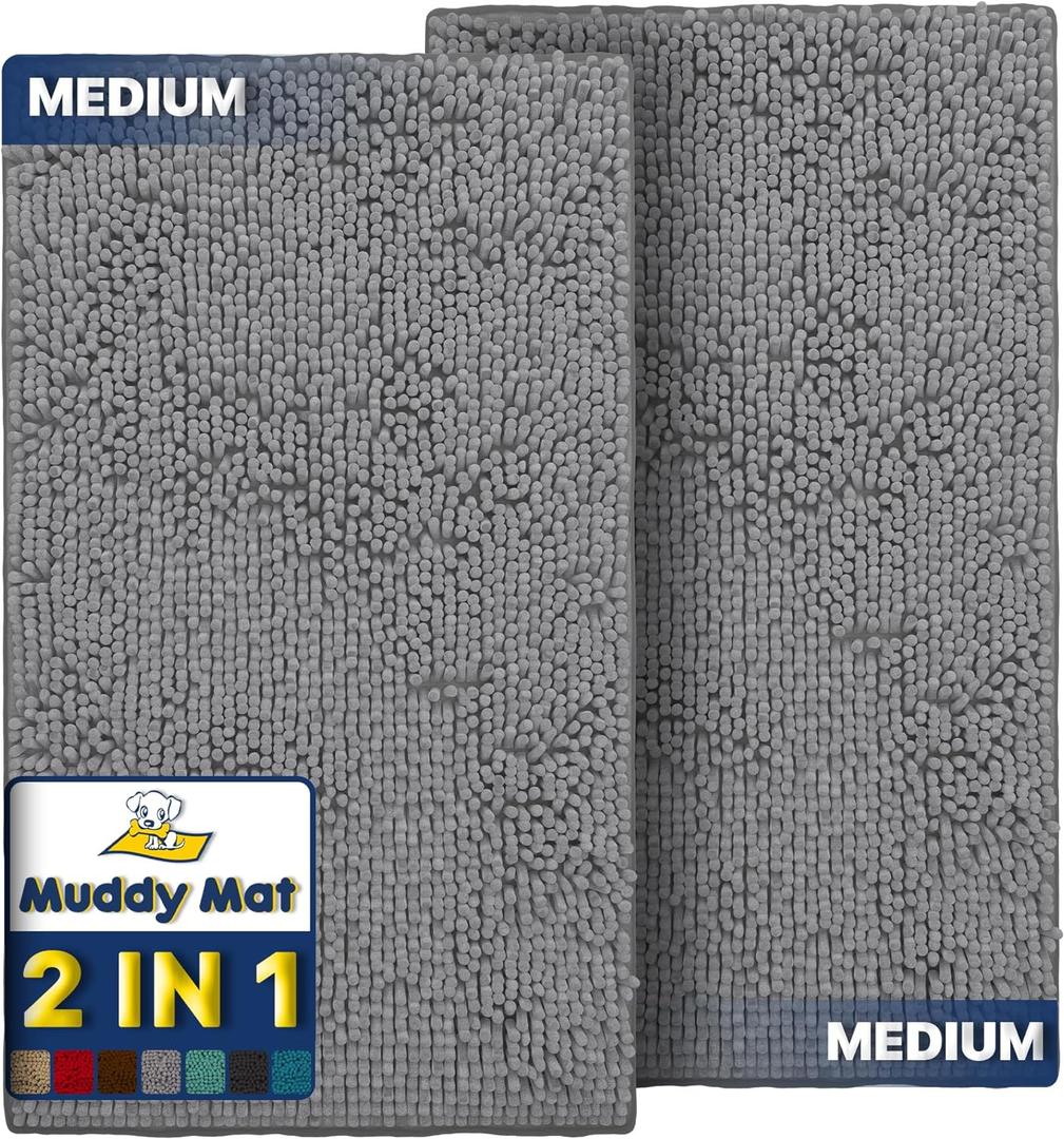 Muddy Mat 2-Piece Grey Medium 30"X19" AS-SEEN-ON-TV Highly Absorbent Microfiber Door Mat, Bath Mat and Pet Rug, Non Slip Thick Washable, Soft Chenille for Kitchen Bathroom Bedroom Indoor and Outdoor
