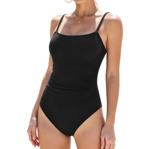 Buauty Women's One Piece Swimsuits Ruched Slimming Bathing Suits Square Neck Adjustable Spaghetti Straps Swimwear (X-Large, Black)