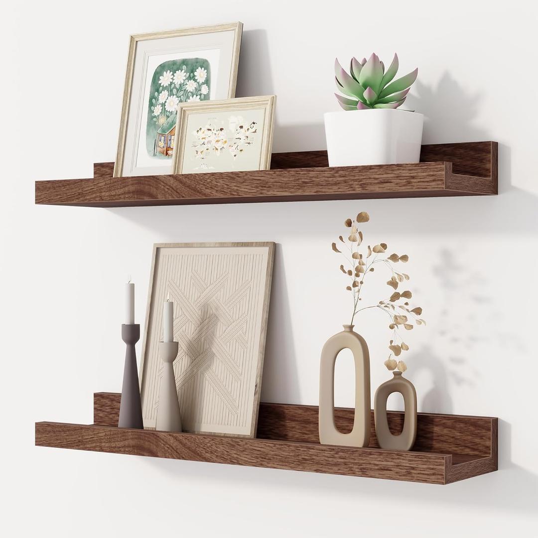 Floating Picture Ledge Shelves Set of 2, 16 Inch Solid Wood Wall Shelves with Lip, Large Nursery Book Shelf for Toys Storage, Kids Bookshelf, Living Room, Bedroom Decor Frames, Walnut Color