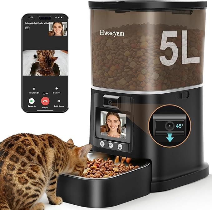 Automatic Cat Feeder with Camera, 5G WiFi Smart Pet Feeder with 2-Way Video/Audio, 45° Adjustable Angle, Night Vision, 5L Cat Food Dispenser for Cats & Small Dogs with APP Control for Vacation & Work, Pattern Name: Camera & Two-Way Video with Screen