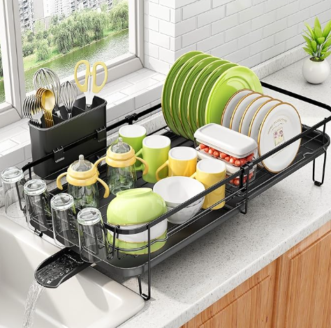 SNTD Dish Drying Rack, Expandable Dish Rack for Kitchen Counter, Metal Dish Drainer with Utensil & Cup Holder 13.8"22.6" L x 12.1" W (Black)