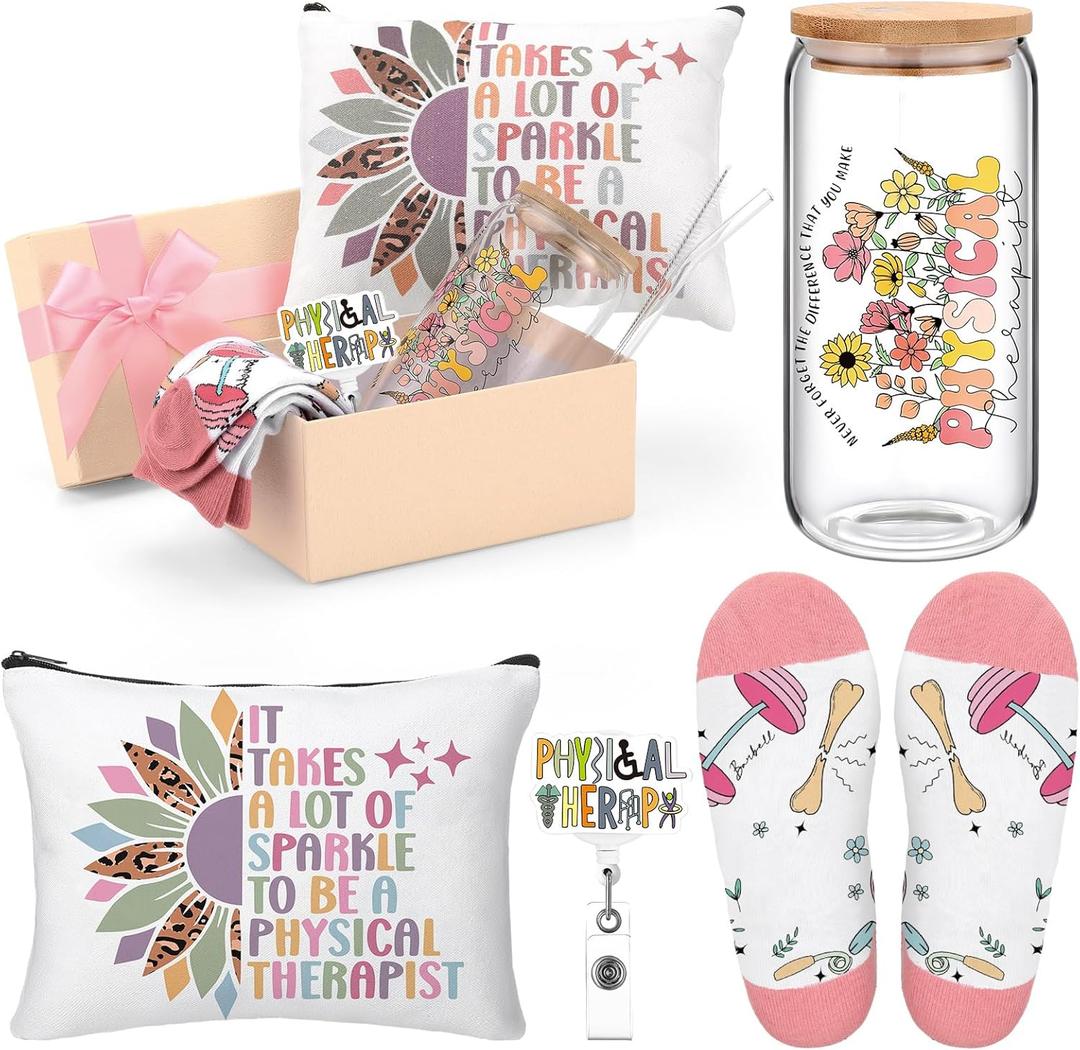 Skylety 5 Pcs Physical Therapy Gifts for Women 16 oz Glass Cup Socks Cosmetic Bag Badge Holder PT Appreciation Gift Box for Coworker Physical Therapist Gift Graduation Birthday