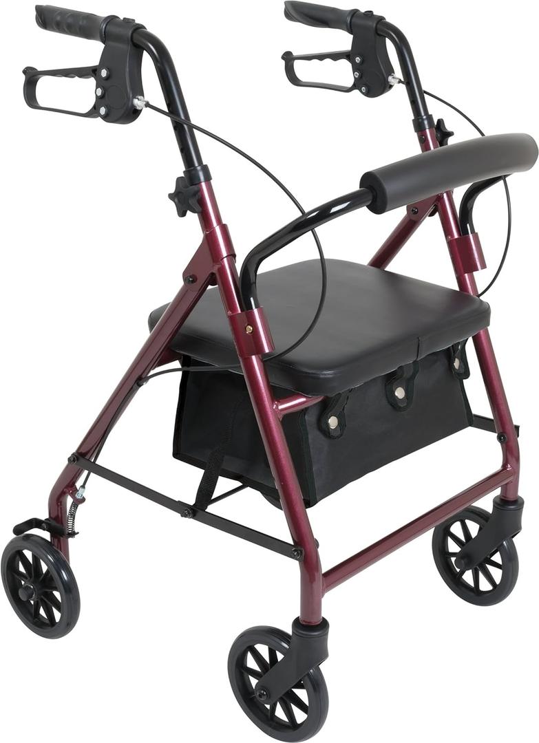 Probasics Junior Aluminum Rollator with 6 Inch Wheels, 250 Pound Weight Capacity, Burgundy, Medical Walker