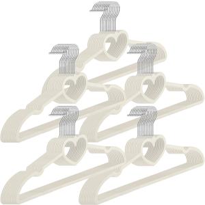 Qunclay 50 Pcs Velvet Heart Hangers, Non-Slip Felt Clothes, Heavy Duty Sturdy Heart Clothes Coat Hanger, Cute Kawaii Room Decor for Adult Women, Space Saving No Hanger Mark, 360 Swivel Hook, White