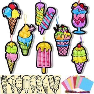 Eersida 32 Sets Summer Craft Set, Summer Ice Cream DIY Stained Glass Tissue Paper Kits SunCatcher Kits for Window Activities Art Home Boys Girls Birthday Party Decorations Favors Gift