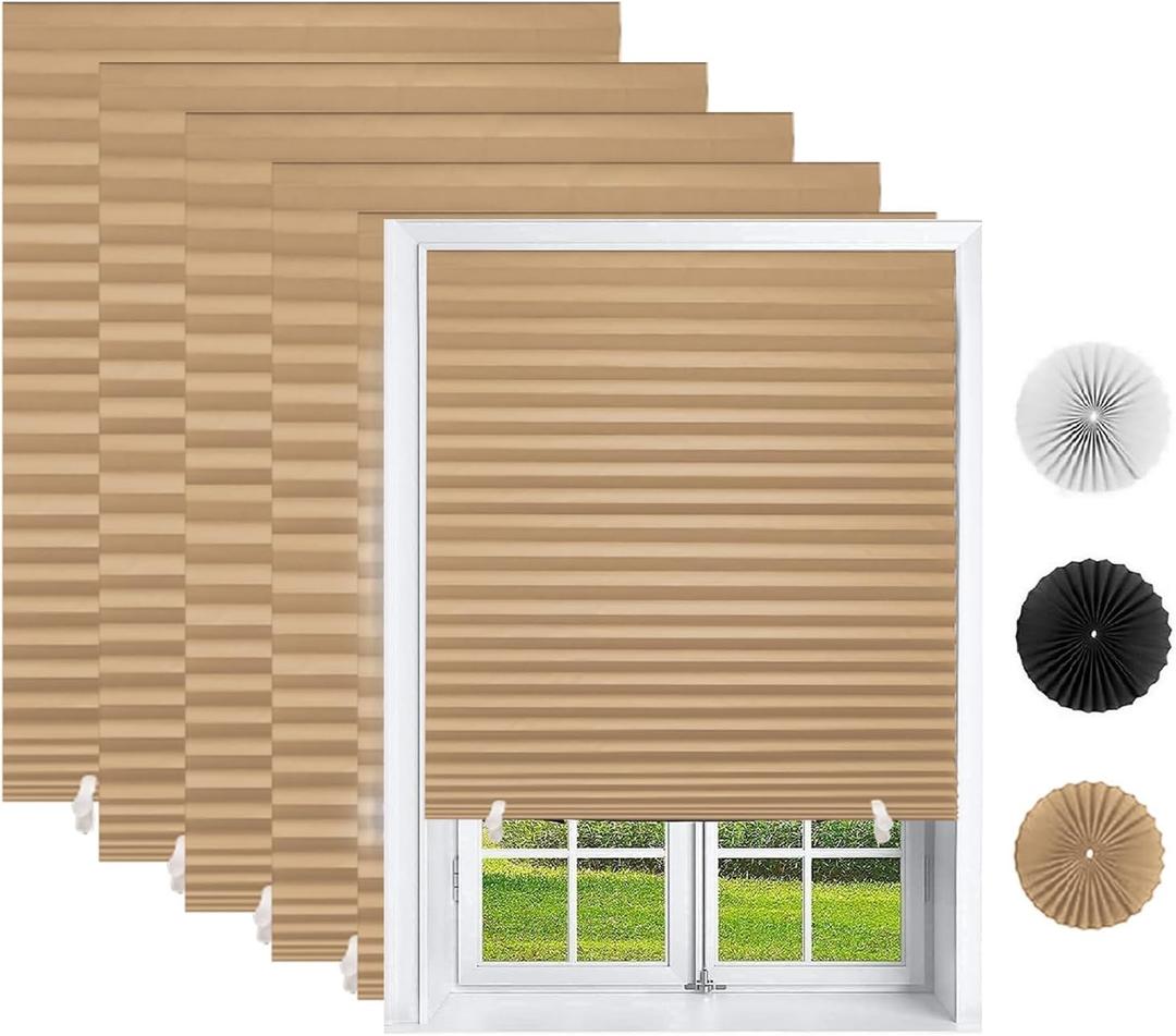 Changshade 6 Pack Temporary Blinds, Pleated Paper Blinds for Indoor Windows Cut to Size Adhesive Paper Shades No Tools No Drilling for Office, Bedroom, Living Room, 36" W x 72" H, Brown