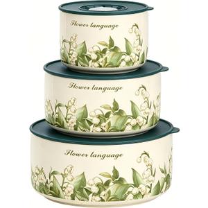 Food Storage Containers with Lids, 4"/ 5"/ 6" Nesting Bowls Set, Serving Bowls with Lids Set, Pasta Ceramic Bowls Set Decorative Bowl for Soup, Cereal, Microwave and Oven Safe (Lily of Valley)