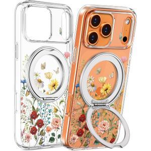 Loheckle for iPhone 17 Pro Max Case - Compatible with MagSafe Stand Women Girls Cute Clear Girly Aesthetic Kawaii Unique Design Soft TPU Built-in Magnetic Stand Phone Cover for Apple 17 Promax, Flower (Retro Floral)