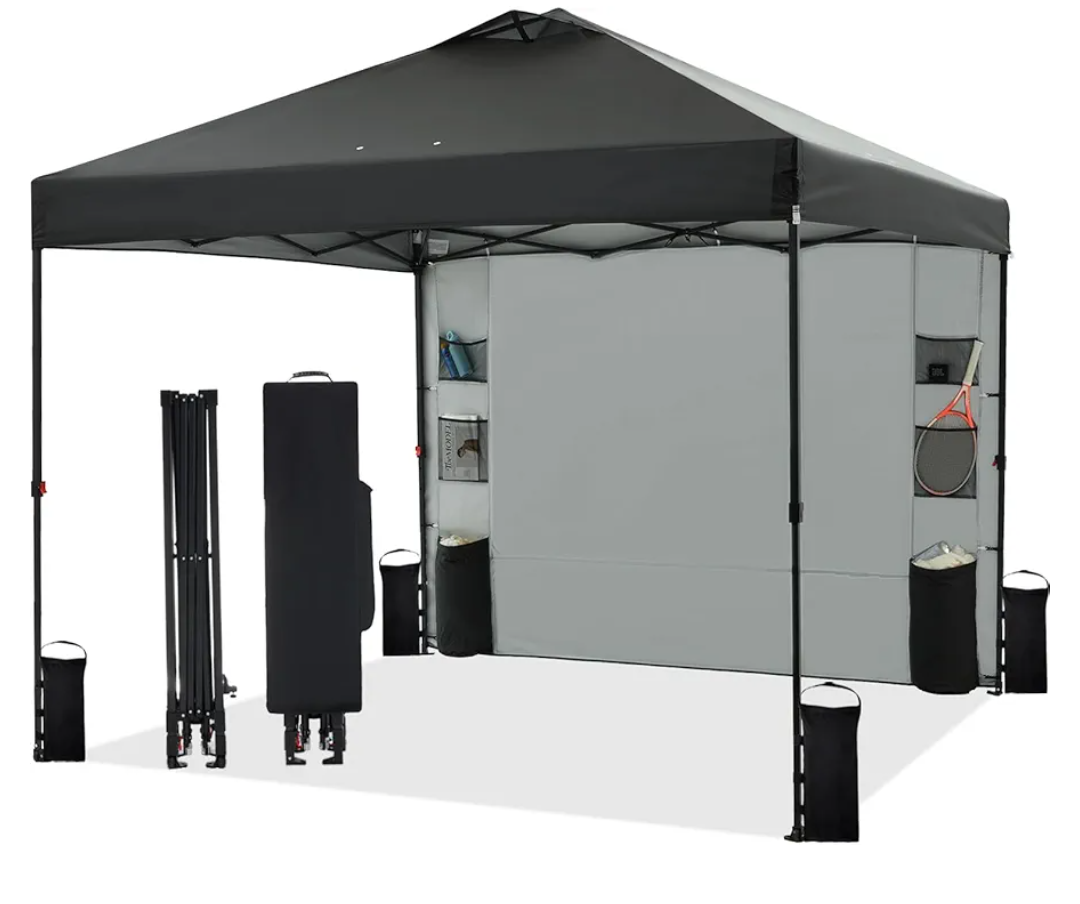 10'x10' Pop Up Canopy Tent with 1 Sidewall and 6 Pockets, One Push Setup, Instant Shade Tent with Vented Roof for Beach Patio Outdoor, Case, 8 Stakes, 4 Ropes, 4 Sandbags (Black, 10x10)