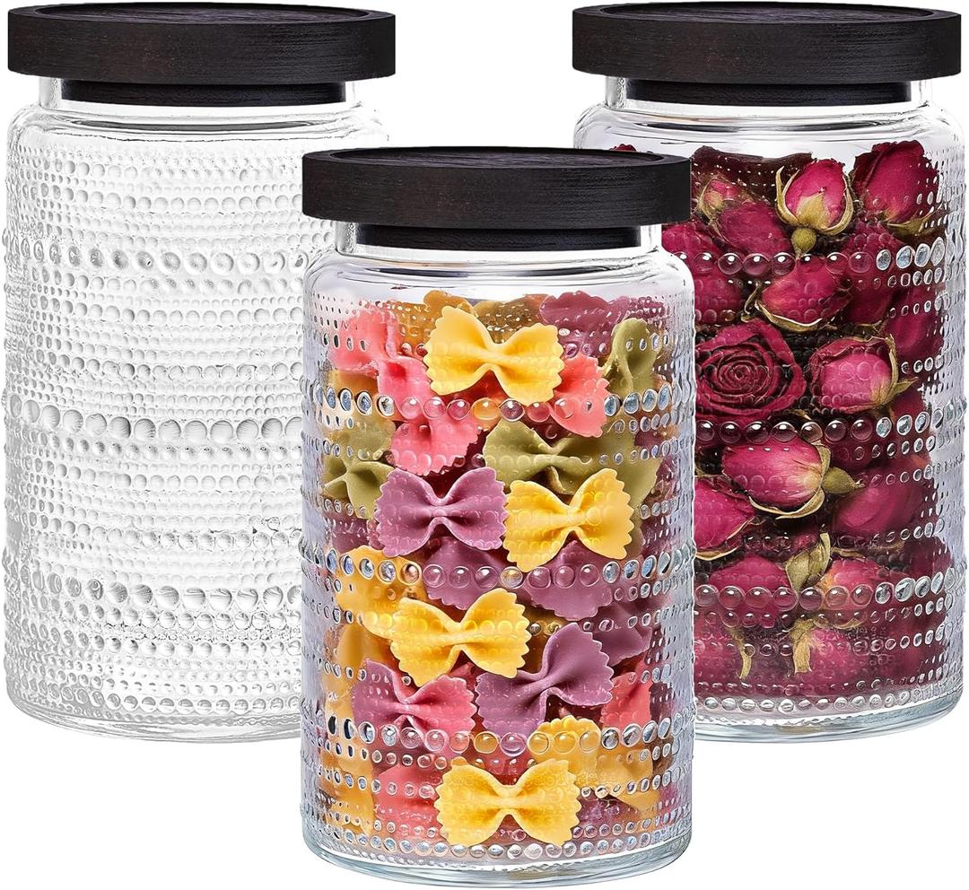 Glass Jars 32oz with Wood Lids 3 Pack, Glass Canisters Glass Jars Food Storage Containers for Candy, Oats, Coffee, Flour, Tea, Flour, Decorative Jars for Kitchen & Pantry
